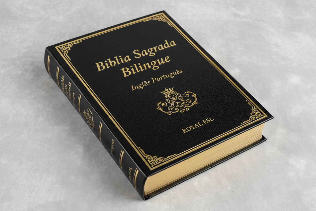 Biblia Sagrada Bilingue Ingles Portugues preta e dourada simples para Royal ESL